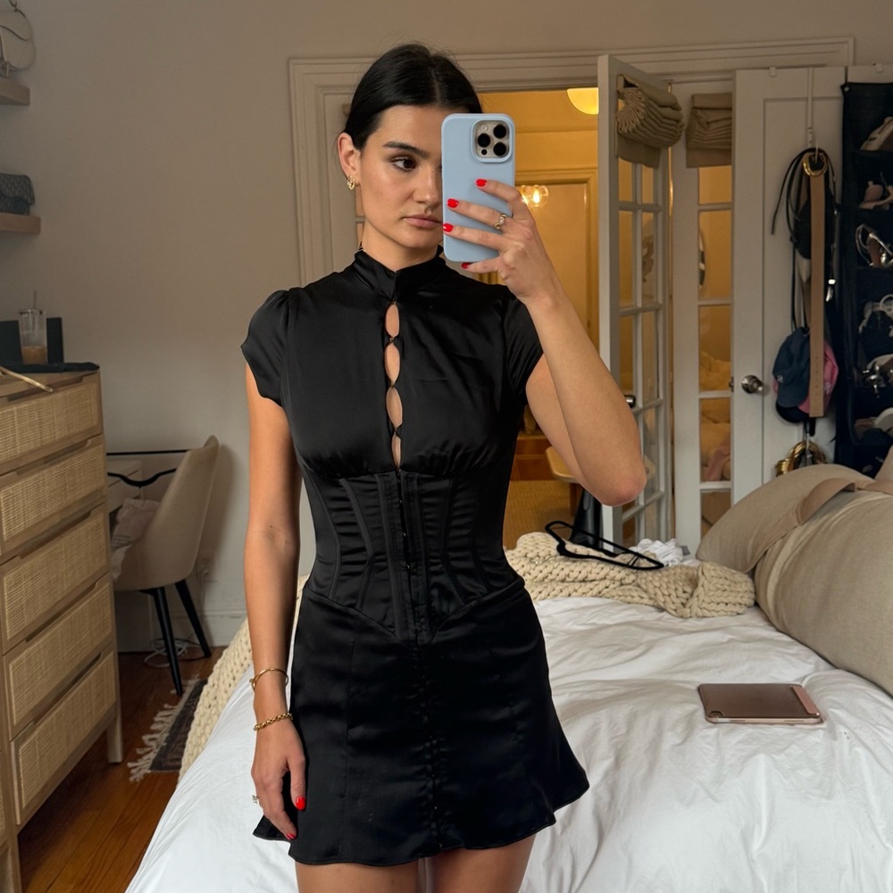 House Of CB Carmina Black Satin Fluted Corset Mini Dress